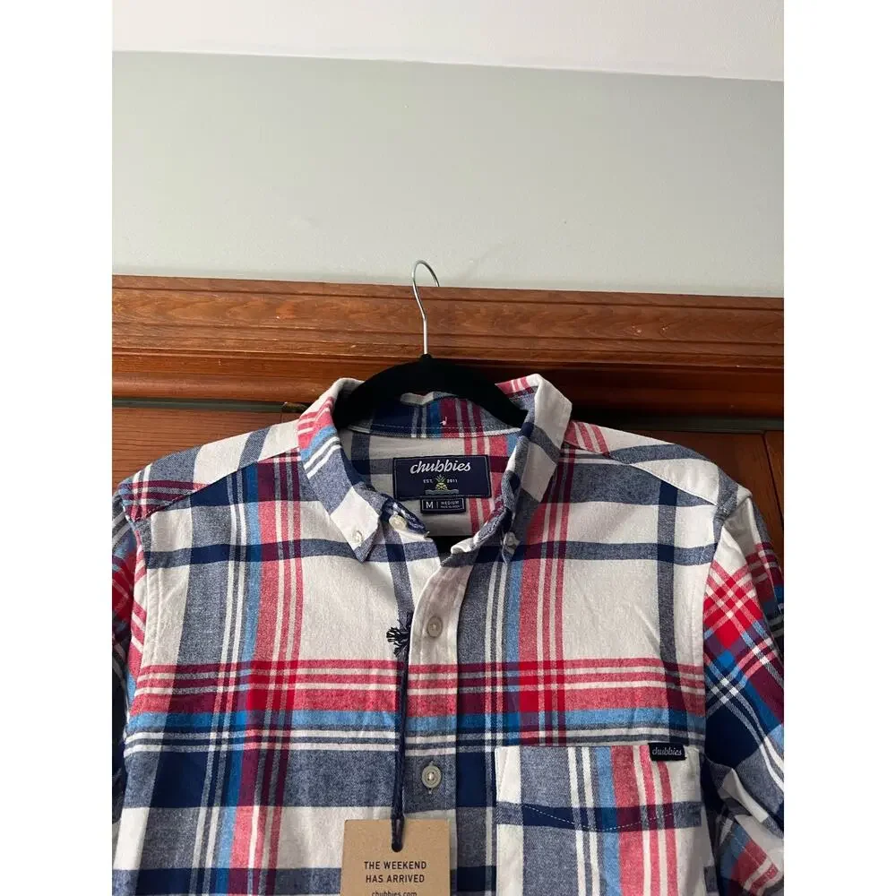 NWT Chubbies Mens The All Around Stretch Flannel Button Down Shirt Red Blue SZ M